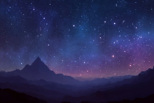 Dramatic mountain range silhouette under a starry night sky with nebulae and glowing lights, concept for inspirational backgrounds, mystical themes and adventure travel promotion