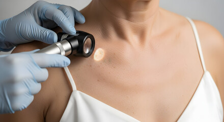 Dermatologist Inspecting Skin Lesion with Dermatoscope Early Melanoma Detection Prevention and Treatment Focus on Sun Damage and Skin Cancer Risk Assessment Awareness