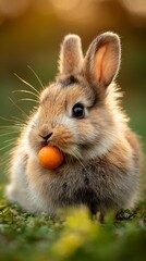 Adorable fluffy bunny rabbit enjoying a healthy carrot, captured in a warm, natural light setting
