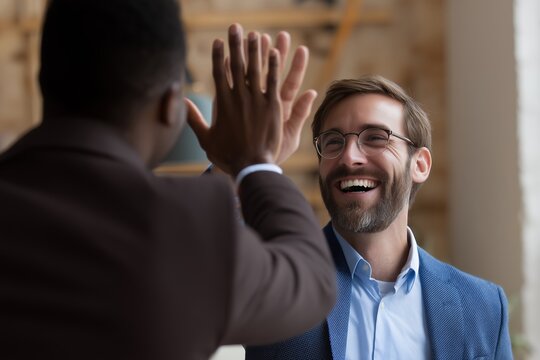 Two diverse business colleagues give high-five in office, celebrating achievement with joy. Concept for team collaboration, successful partnership and employee recognition