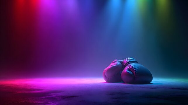 Pair of protective hand coverings rests upon a dimly lit, colorful stage floor