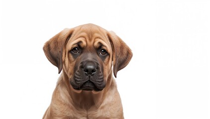 Obraz premium Melancholy dog gazes ahead, large mastiff breed isolated on white backdrop.