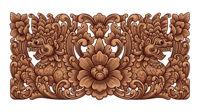 Balinese wooden carving with mythical beasts and floral motifs