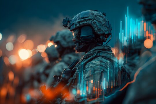 Line of armed soldiers in full gear with data overlayed in vibrant blue and orange hues, showing technological progress. Concept for military strategy analysis, defense industry trends and