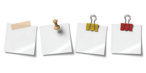 Four blank sticky notes with different fasteners isolated on white background