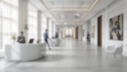 Interior view of a contemporary luxury lobby with a blurred corridor leading to the reception area