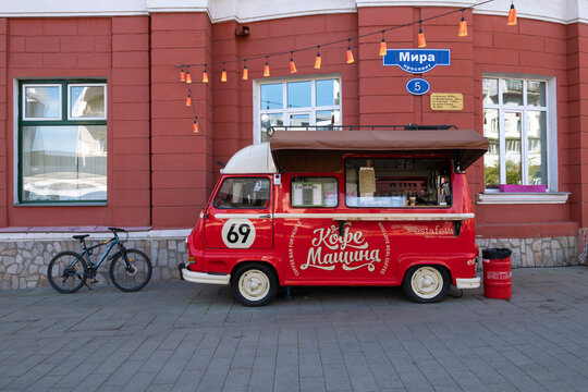 KRASNOYARSK, RUSSIA - SEPTEMBER 12, 2025: A street coffee shop in a retro minibus on a city street