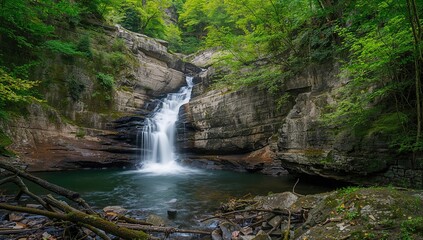 Fototapeta premium Waterfall at a narrow gorge in a mountainous state park
