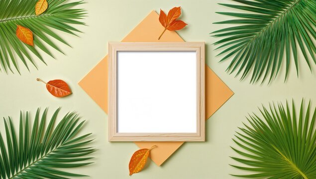 Seasonal arrangement with tropical palm foliage, orange and neo-mint paper pieces, and a photo frame on a soft pastel backdrop. Summer theme. Overhead view with space for text