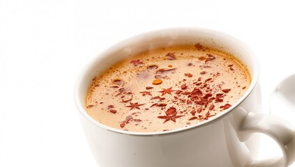 Obraz premium A warm cup of traditional spiced tea brewed with milk and aromatic spices, featured on a clean white surface.