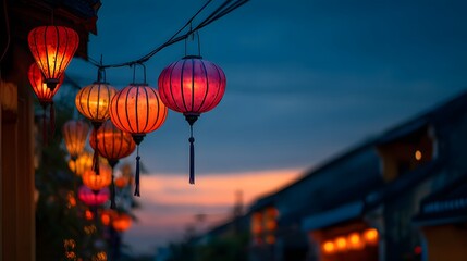 Colorful illuminated silk lanterns illuminate an evening street scene at dusk
