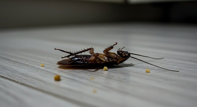 A close-up shot of a dead cockroach lying on its back on a wooden floor, with crumbs
