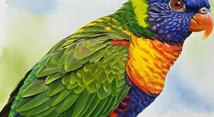 Colorful parrot portrait. Painted detail showing vibrant plumage, eye and beak detail