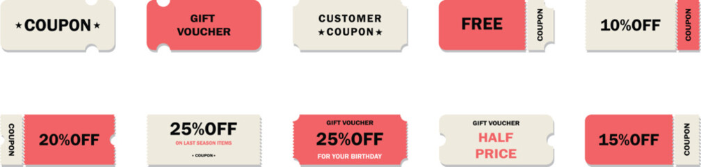Discount offer coupon. Gift voucher or sale ticket template with 10%,15%,20%,25% and half price off. Shopping savings promotion coupons.Vector design