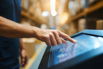 Close up man hand touching digital screen with blurred warehouse shelves in background. Concept for logistics technology, supply chain management and inventory control system