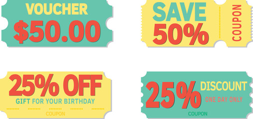 Discount offer coupon. Gift voucher or sale ticket template with ,25% and 50%, half price off. Shopping savings promotion coupons.Vector design