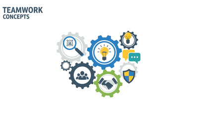 Group of gears with icons representing teamwork concepts