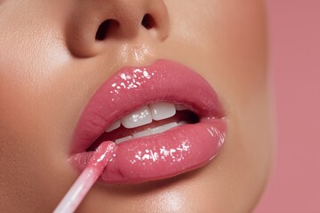 Naklejka premium Close up of a woman applying glossy pink lip gloss with applicator on pink background. Concept for cosmetic advertising, makeup tutorial and beauty product promotion