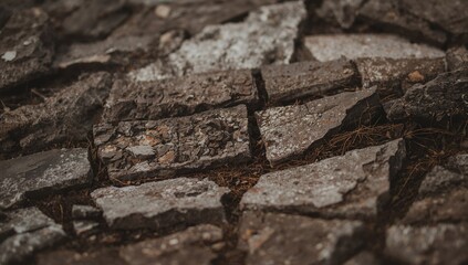 Detailed view of a rugged, cracked surface made up of scattered fragments of bricks and rocks