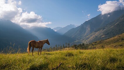 Equine amidst misty highlands