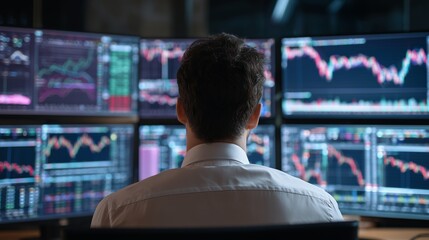Back view of male trader analyzing financial stock market charts on multiple monitors in office, concept for investment analysis, market forecasting and economic trends visualization