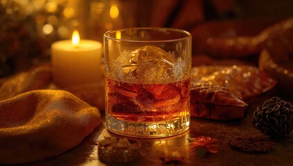 Golden glow filtering through a glass of brandy