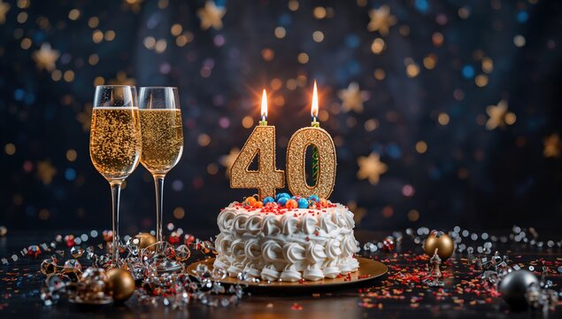 Festive 40th birthday celebration with champagne and cake decorations