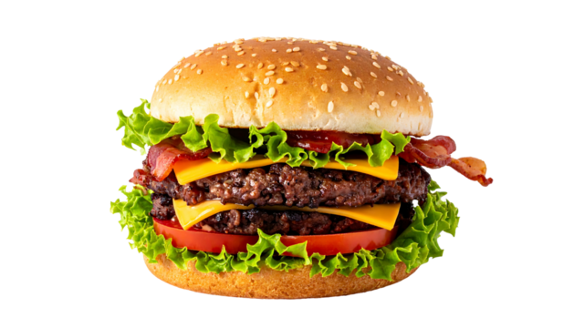A double cheeseburger with bacon, lettuce, tomato, and sesame bun against a black background