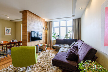 A cozy living room boasts a plush rug, dark sofa, and wooden accent wall with a TV. Natural light...