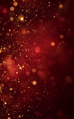 Defocused golden glitter particles float against a deep crimson backdrop creating shimmering effect, concept for festive backgrounds, holiday cards and elegant invitations