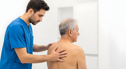 Obraz premium Rehabilitation Specialists Work with Patient Therapy Shoulder Back Pain Relieving Clinic Senior Physiotherapy Doctor Wellness Healthcare Posture Body Massage Treatment