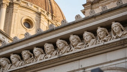 Obraz premium Head portrait sculptures adorning the cathedral beneath the cornice