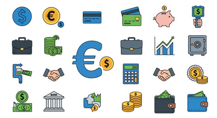 Collection of Financial and Business Icons Representing Money and Transactions.