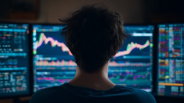 Young man viewed from behind, focused on multiple screens displaying financial data and charts, concept for stock market analysis, investment strategies and digital economy visualizations - Powered by Adobe