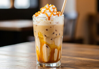 Indulgent caramel iced coffee topped with whipped cream and drizzle, perfect for a treat