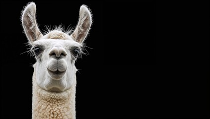 Obraz premium Ridiculous creature with a goofy face. Comical llama picture with room for text. Silly beast showing a humorous expression on a dark backdrop for personalized captions.