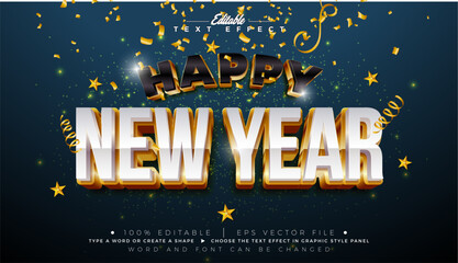 Happy New Year Editable Text Effect Design Vector Graphic Style with Gold Framed 3D Bold Typography Lettering and Falling Confetti on Dark Background. Christmas Holiday Illustration Template