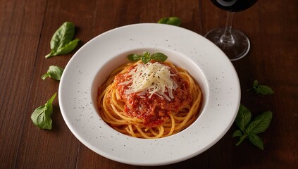 Close-up of pasta topped with Amatriciana sauce on a plate, viewed from above horizontally