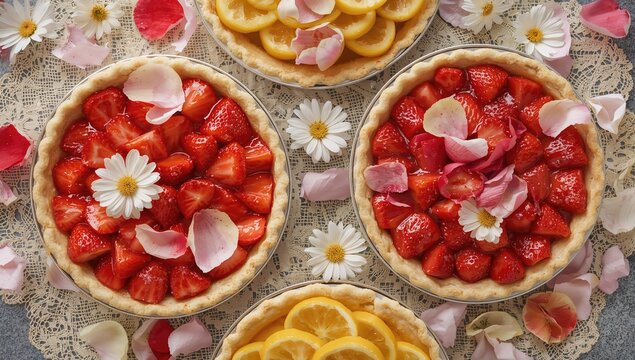Strawberry and lemon tart decorated with flower petals