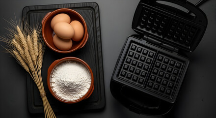 Delightful Waffle Making Experience An Inviting Composition of Fresh Ingredients and Modern Kitchen Appliance Creating a Cozy Culinary Atmosphere for Delicious Treats