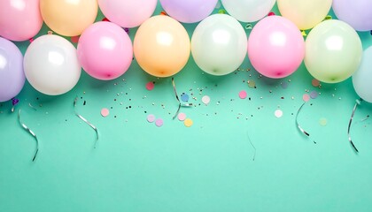 Colorful, pastel-colored balloons with confetti and streamers, creating a festive background
