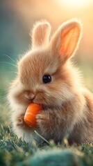 Adorable fluffy bunny rabbit enjoys a fresh orange carrot snack in a grassy field, wildlife, close-up