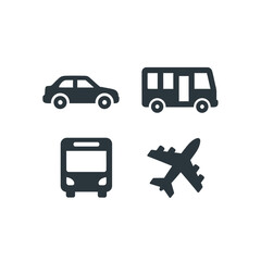 Collection of Four Stylized Transportation Icons - Car, Bus, and Airplane.