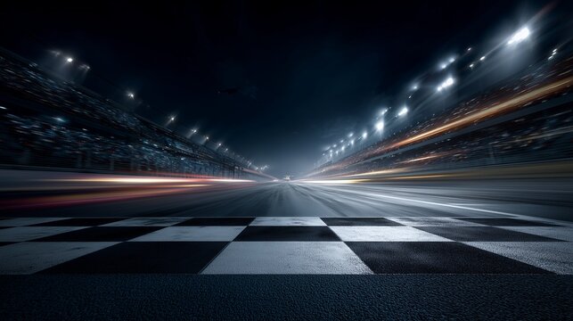 View of illuminated race track at night with blurred motion effect and crowd. Concept for motorsport event, speed challenge and winning moment at the finish line