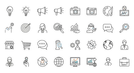Collection of Hand-Drawn Business and Creative Icons in Black and White.