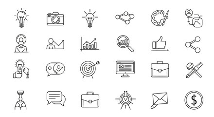 Collection of Hand-Drawn Business and Technology Icons in Black Outline Style.