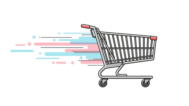 Shopping cart with motion lines on a white background