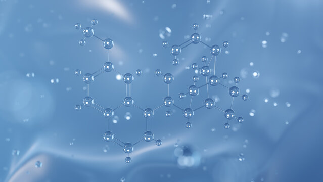 quinidine molecular structure, 3d model molecule, antiarrhythmic drug structural chemical formula view from a microscope