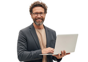 Smiling man with glasses holds laptop and gestures towards screen transparent background