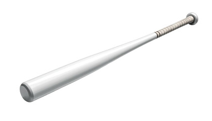 A glossy, white baseball bat with a grey grip, viewed against a stark black background